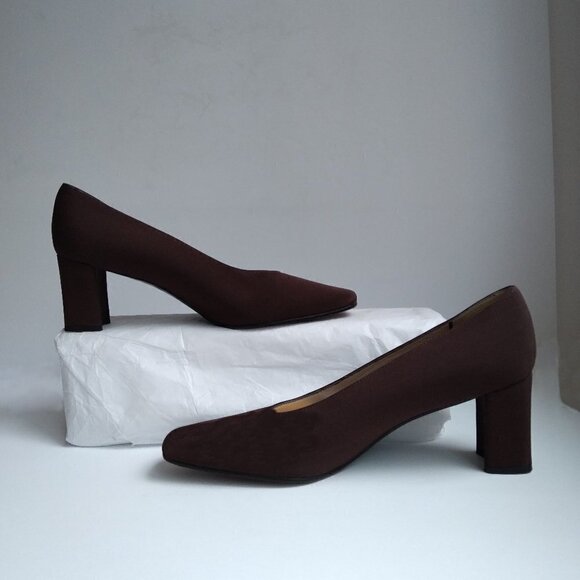 Stuart Weitzman Y2K Brown Sateen /Grosgrain Pumps Square Toe 3" Block Heels Sz 8 - Picture 10 of 10
